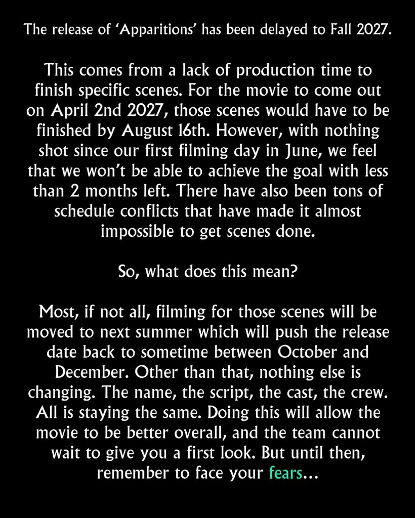 GreenTweets4's tweet photo. ‘Apparitions’ has been delayed from April 2nd 2027 to Fall 2027 https://t.co/0Xd49SUuwT