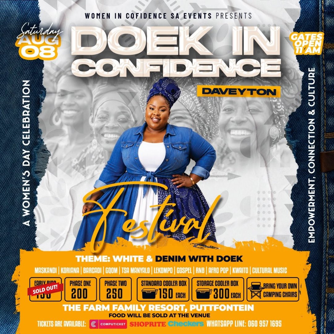 Computicket's tweet photo. 👑 DOEK IN CONFIDENCE FESTIVAL 👑
Women in Confidence SA Events presents a massive day out in Daveyton.
Grab your girls and look forward to an incredible fusion of Maskandi, Gqom, Lekompo, and Afro Pop live on stage! 💃✨
🔗 https://t.co/olnV342eMV
📍 Benoni
🗓️ 8 Aug
💰 From R250 https://t.co/DEwwG1g02G