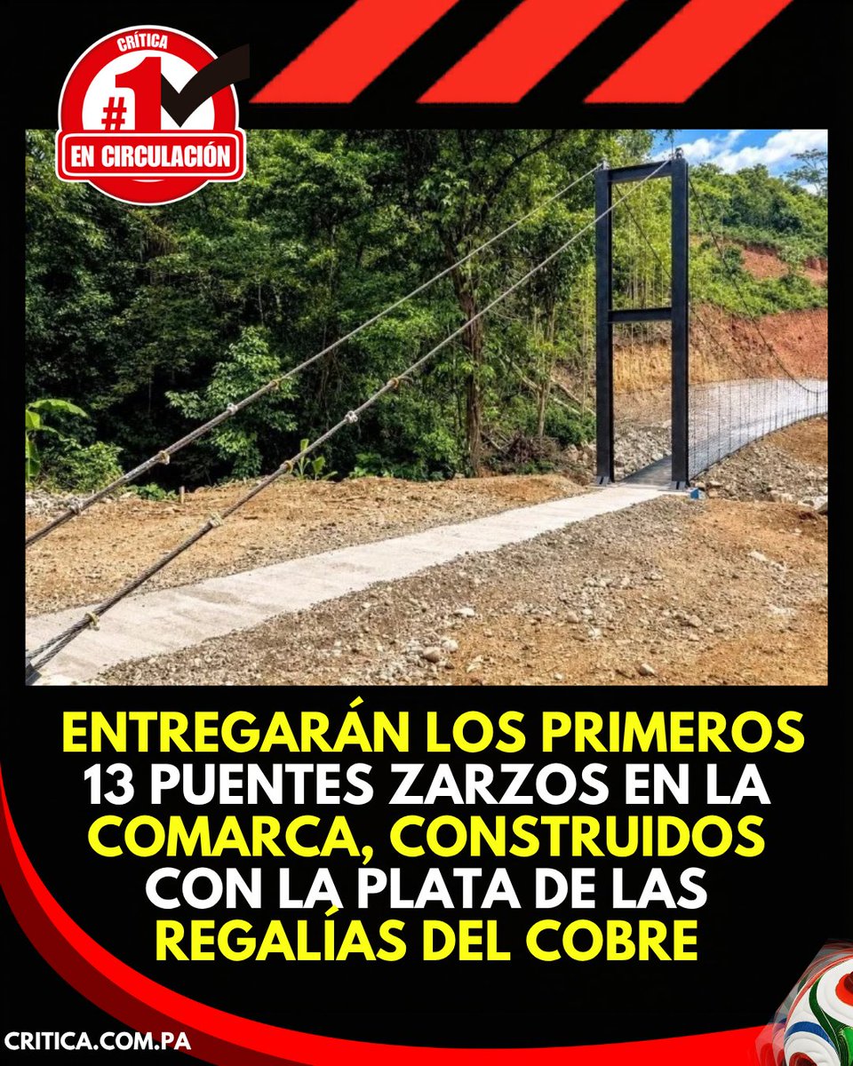 criticaenlinea's tweet photo. 🌉 Las regalías de Cobre Panamá se convierten en puentes para la comarca Ngäbe-Buglé.

El Gobierno de Panamá desarrolla un proyecto para construir 100 puentes tipo zarzo en zonas vulnerables, principalmente en la comarca Ngäbe-Buglé, utilizando fondos provenientes de las regalías de la mina Cobre Panamá. 

 El Ministerio de Obras Públicas prevé entregar entre finales de julio y principios de agosto los primeros 13 puentes zarzos de un total de 50 que se construyen actualmente.

Estas infraestructuras permitirán que cientos de familias crucen ríos y quebradas de forma segura para llegar a escuelas, centros de salud y otros servicios esenciales.

✅ Los zarzos sobre el río Sagüí y las quebradas Cerro Sagüí, Cerro Sagüí 1 y Cerro Sagüí 2 registran más del 98% de avance, mientras continúan los trabajos de limpieza y recuperación ambiental en las áreas intervenidas.

📌 Además, el MOP informó que ya fue publicada en Panamá Compra la licitación para construir otros 50 puentes zarzos, con el objetivo de completar la meta de 100 nuevas infraestructuras que mejorarán la conectividad y la calidad de vida de las comunidades de la comarca.