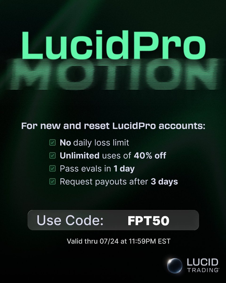 TheForexTraderz's tweet photo. Drop “💙” for Free $100K Lucid Pro.

Use code: FPT50
(40%OFF + 2 FREE accounts on payout + 5% Instant Cashback)

Applicable for both Old &amp; New Users.
Follow &amp; Turn on “🔔”. https://t.co/oTEJrrKfW5