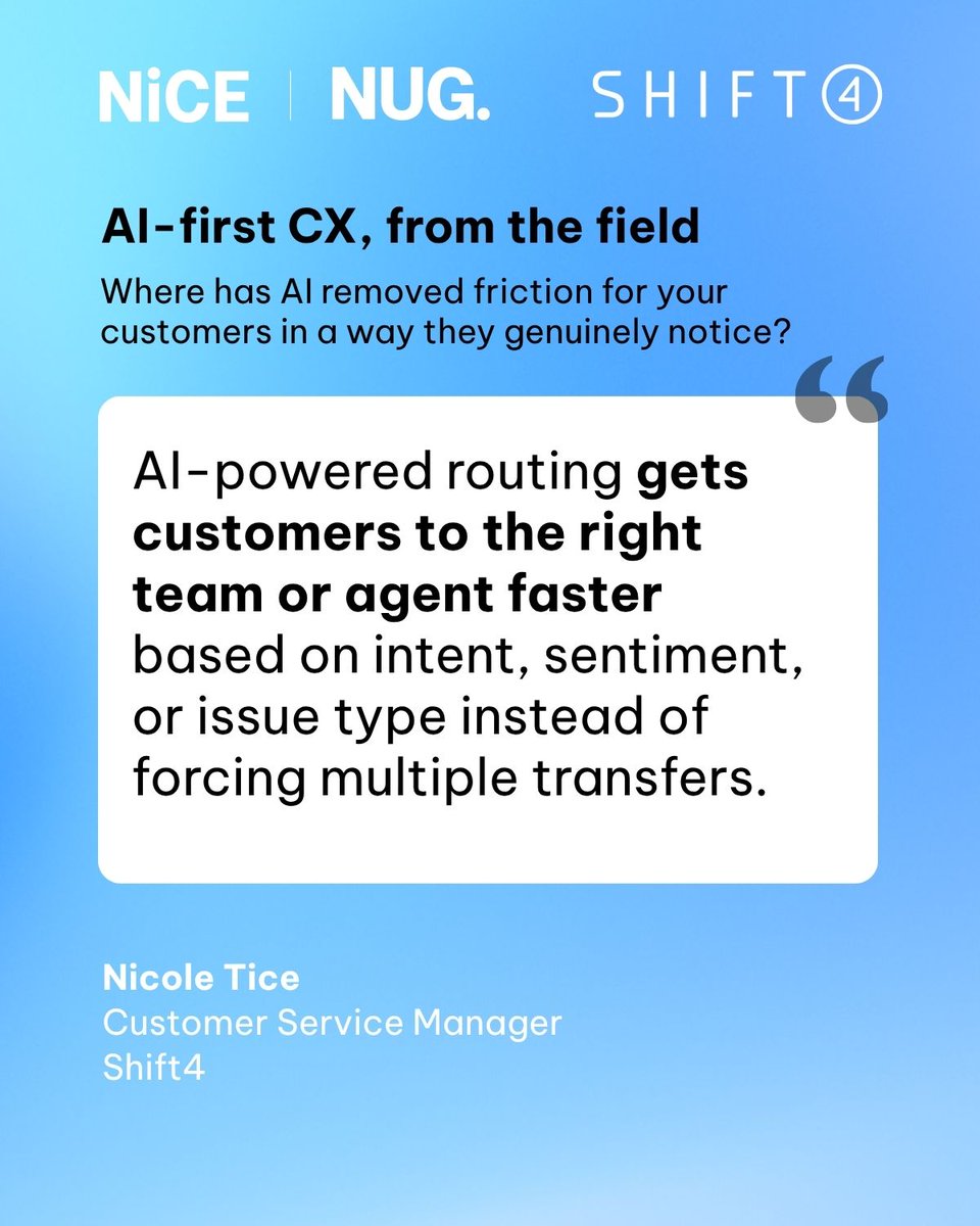 NICELtd's tweet photo. Customers don’t care what powers the experience behind the scenes.

They notice when things feel easier:
• getting routed correctly
• not repeating the issue
• reaching resolution faster

Where are you seeing AI remove the most customer effort right now?

@Shift4 https://t.co/xQW6VPuj0q