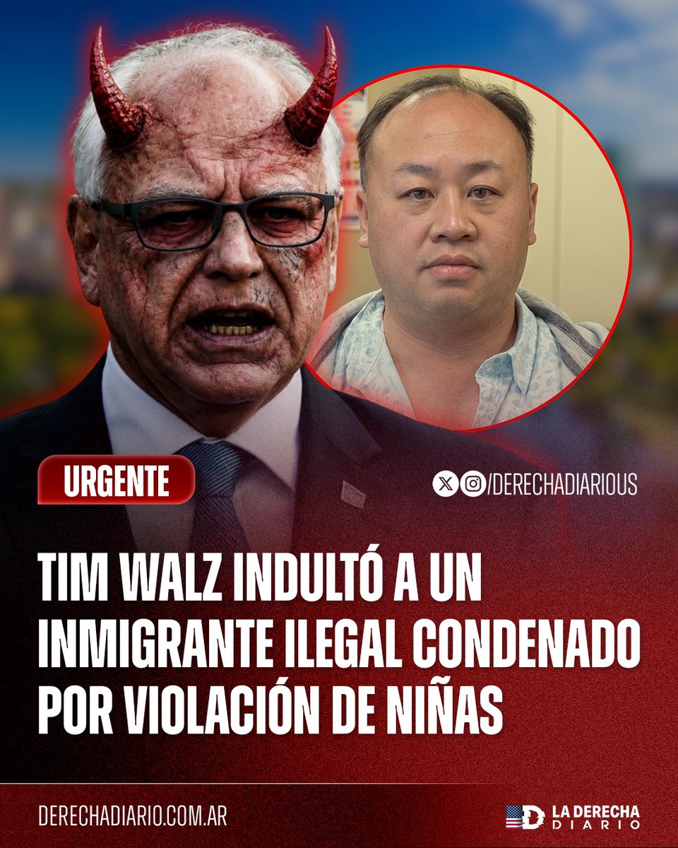DerechaDiarioUS's tweet photo. 🚨🇺🇸 | El gobernador de Minnesota, Tim "retardado" Waltz, indultó a Tou Lue Vang, un inmigrante ilegal con condena firme por violación reiterada de una niña de 10 años. El Departamento de Estado de Trump, liderado por el secretario Marco Rubio, no dudó en arrestarlo y deportarlo. https://t.co/6GTJNXM08Q