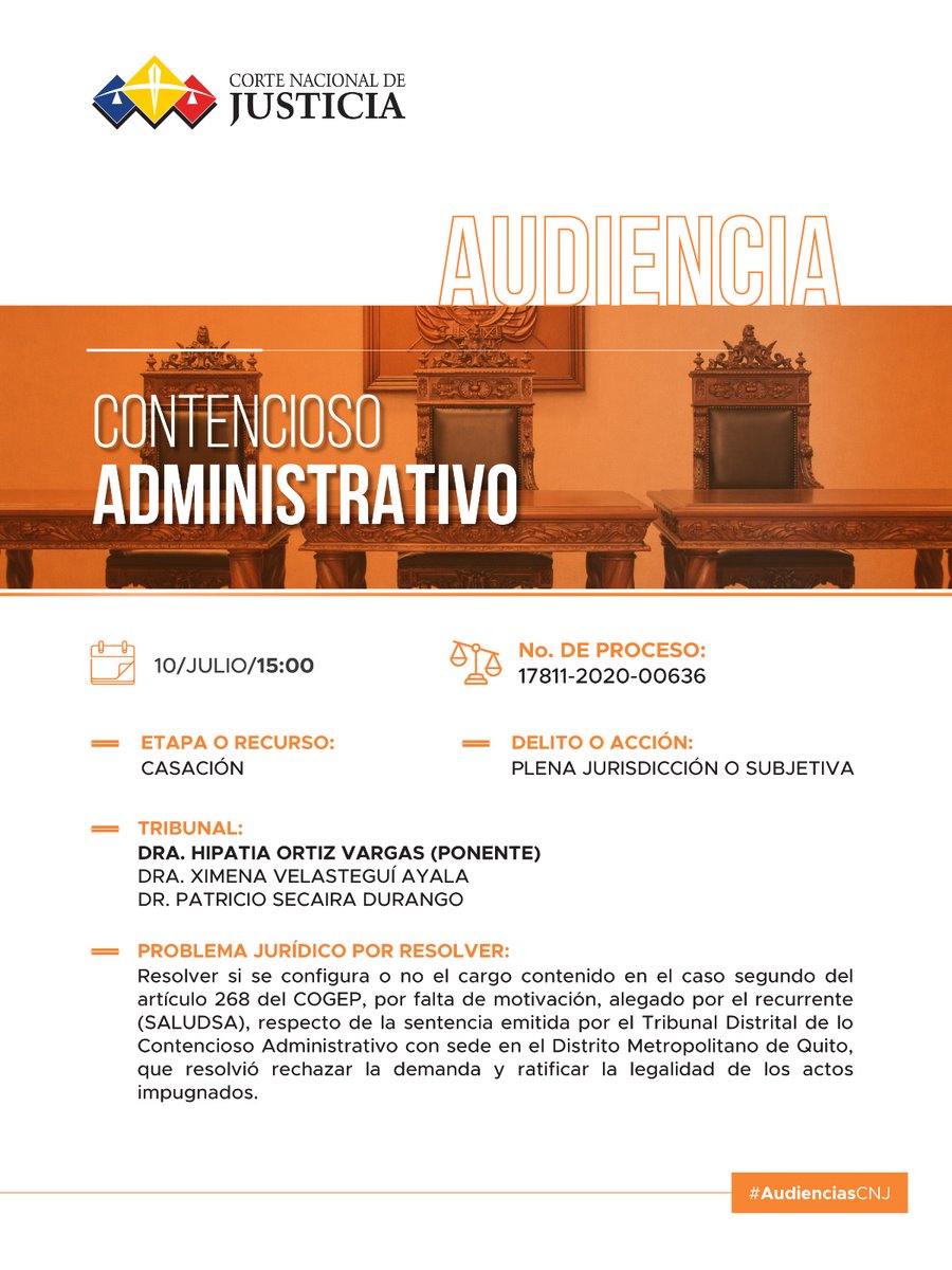 CorteNacional's tweet photo. 🟠#SalaAdministrativaCNJ | Resuelve si se configura o no el cargo contenido en el caso segundo del artículo 268 del COGEP, por falta de motivación, alegado por el recurrente.
#AudienciasCNJ
💻 Sigue la audiencia aquí https://t.co/9woptNs7nN https://t.co/KfpaR3jGsk