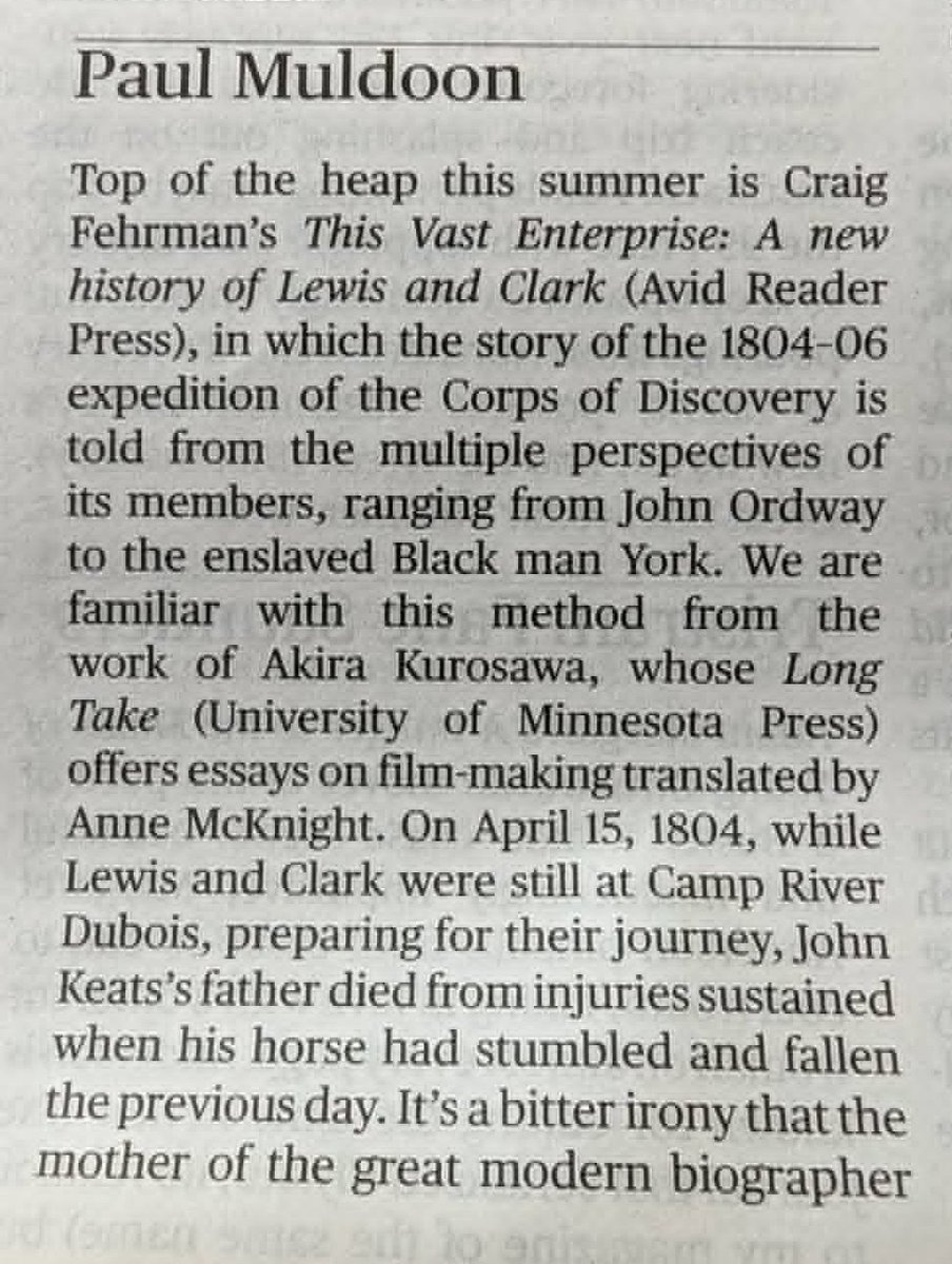 craigfehrman's tweet photo. I always love it when @TheTLS asks its authors about their summer reading. This year Paul Muldoon (!!!) put my book on his list. https://t.co/2a3ZVkoPVc