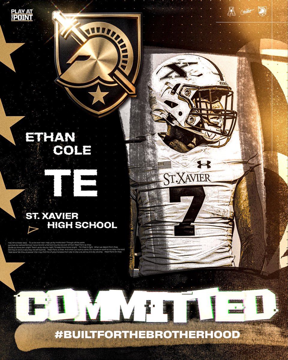 ethanbearcole's tweet photo. After long talks with my family and God I am excited to announce my commitment to continue my academic and athletic career at Army! I would like to start of by thanking my parents for all the time they sacrificed for me to get where I am today. Secondly I would like to thank Coach Specht and the entire St X staff for guiding me through this process.  I would also like to thank Coach Monken and the West Point staff for showing me where home is. Finally, BEAT Navy. 🏴‍☠️🏴‍☠️