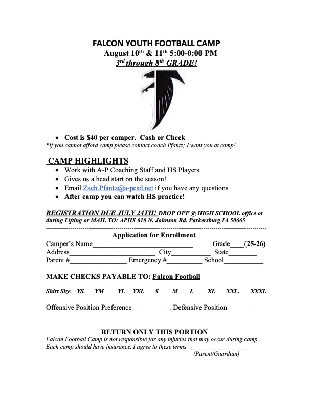 APFalcons's tweet photo. Registration is open for Falcon Youth Football Camp!
📅 Aug. 10-11
⏰ 5-8 PM
👦 Entering Grades 3-8
💲 $40
Learn from the A-P coaching staff & HS players and get a head start on the season! Registration is due July 24. See the flyer for details. https://t.co/geAjKkUGnv