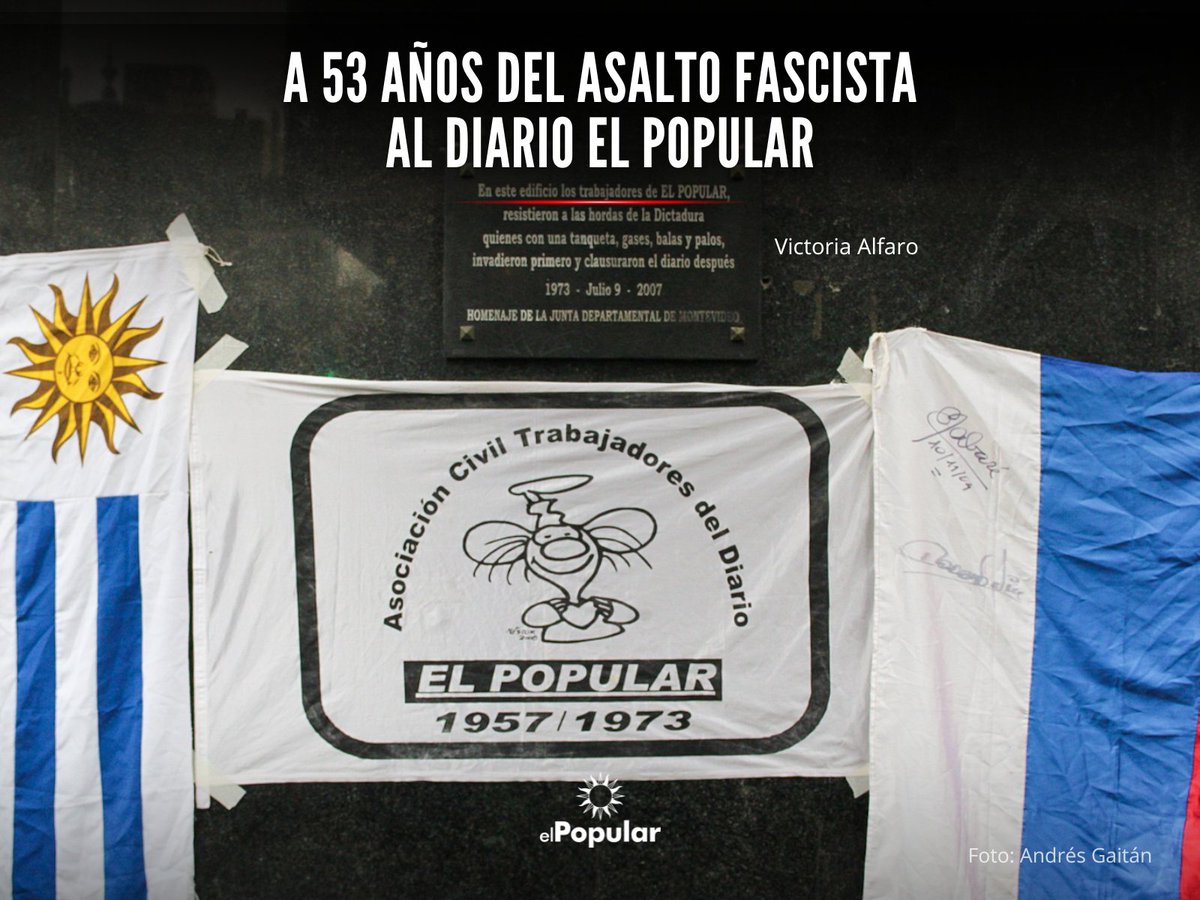 Elpopularuy's tweet photo. A 53 años del asalto fascista al diario El Popular | ✍🏼 @VictoriaAlfaro1

Como todos los 9 de julio, ayer jueves la Asociación de ex trabajadores del diario El Popular 1957-1973 recordó el asalto fascista contra la redacción frente a donde estuvieron sus instalaciones en la emblemática esquina de 18 de Julio y Río Branco, en la puerta del Palacio Lapido. A 53 años de aquella histórica gesta enmarcada en la Huelga General y la masiva movilización que ese día “a la cinco en punto” se instaló en el centro de la capital en contra del golpe de Estado.
🔗 https://t.co/vScDfNvTmr