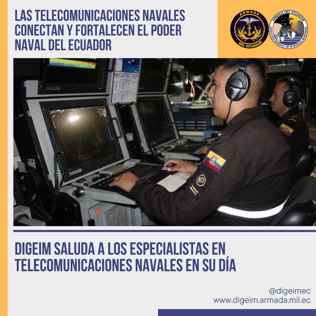 digeimec's tweet photo. #Guayaquil | La #DIGEIM felicita a quienes integran las Telecomunicaciones Navales de la @Armada_Ecuador. Su entrega, capacidad técnica y vocación de servicio fortalecen las operaciones navales y la defensa de los intereses marítimos nacionales.

¡Feliz día! https://t.co/8S5n0YcusD
