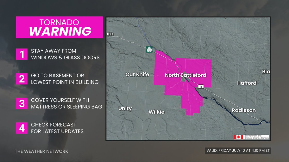 weathernetwork's tweet photo. A TORNADO WARNING has been issued in Saskatchewan for: 

- R.M. of North Battleford northwest of the Battlefords - R.M. of Battle River including Sweet Grass Res. and Delmas 

The TORNADO WARNING has ENDED for:

- R.M. of Cut Knife including Cut Knife #SKStorm #SKwx https://t.co/MmlqITkjkm