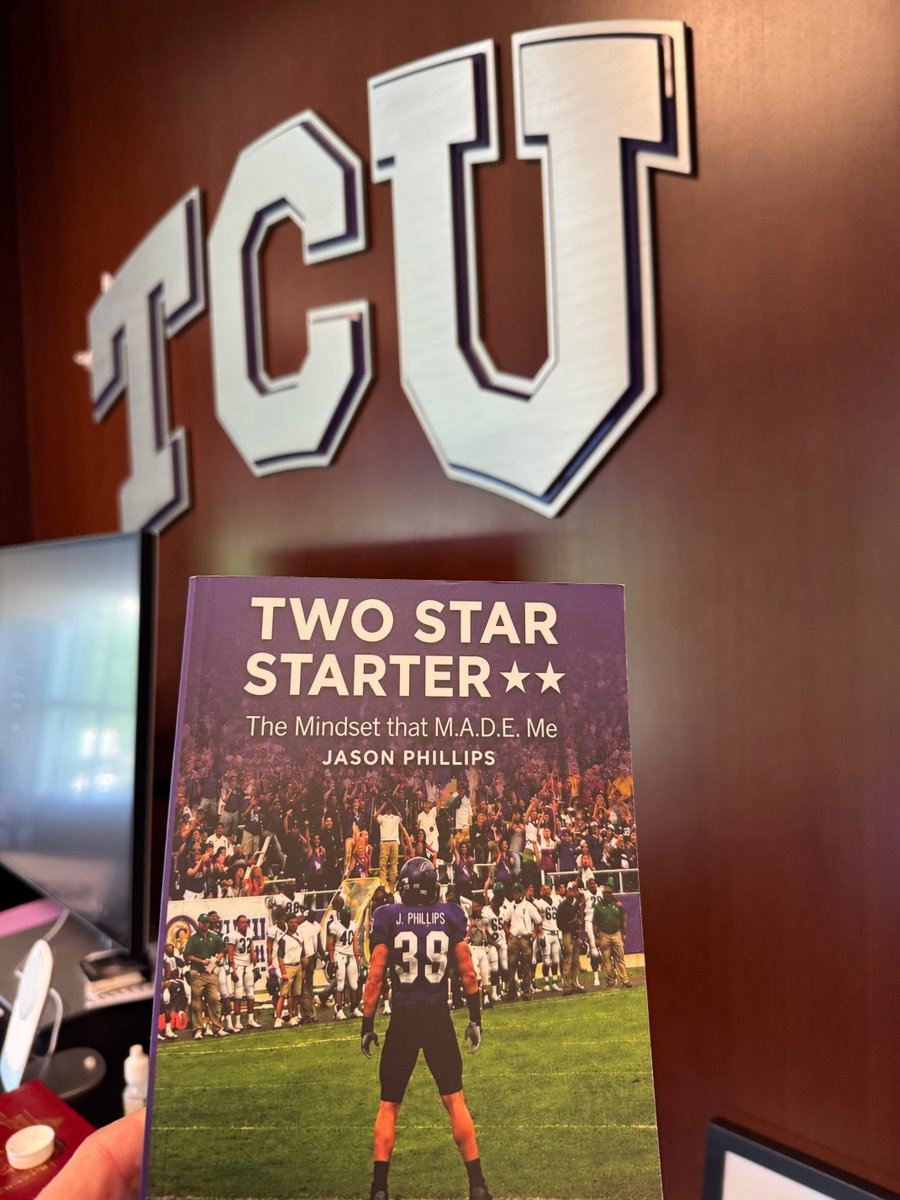 Buddie52's tweet photo. Special visitor to the Frog offices this week.  TCU legend Jason Phillips was kind enough to stop by to visit and gift me a copy of his book “Two Star Starter”!  🐸 https://t.co/K5263nPGnV