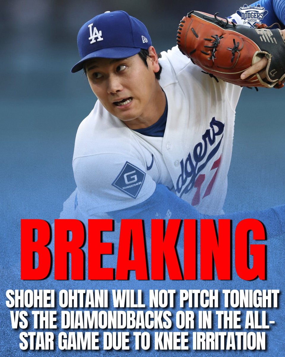 DodgersNation's tweet photo. BREAKING: Shohei Ohtani will not pitch tonight vs the Diamondbacks, will not pitch in the All-Star Game and will not travel to Philadelphia for All-Star festivities 🚨

He has continued to deal with irritation in his left knee and the Dodgers are taking precautions. https://t.co/Y5wXdGqhVH