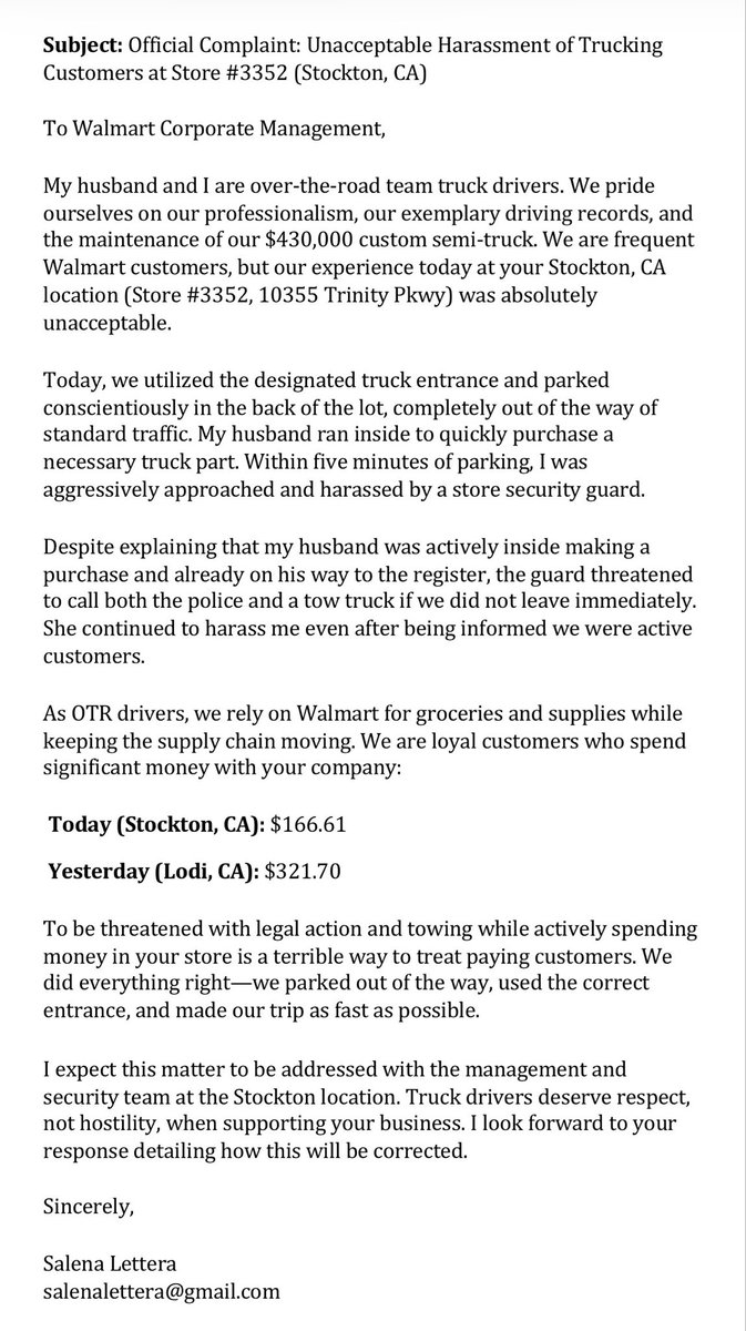 SalenaLettera's tweet photo. @Walmart Unacceptable Harassment of Trucking Customers at Store #3352 (Stockton, CA) #walmart #truckers #trucking #california https://t.co/64hqLDXyZB
