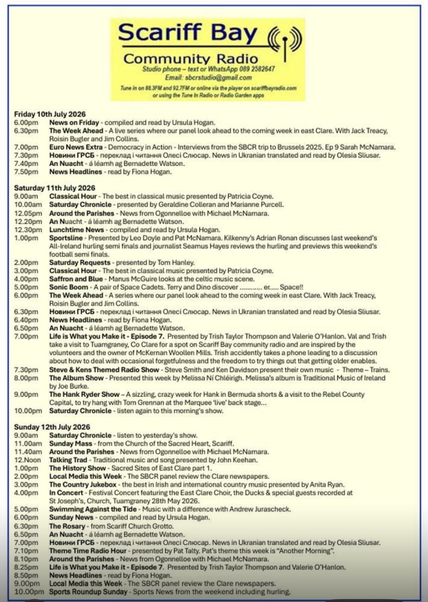 BishopFintan's tweet photo. Weekend schedule for @scariffbayradio @KillaloeDiocese https://t.co/O4Azqcoevf