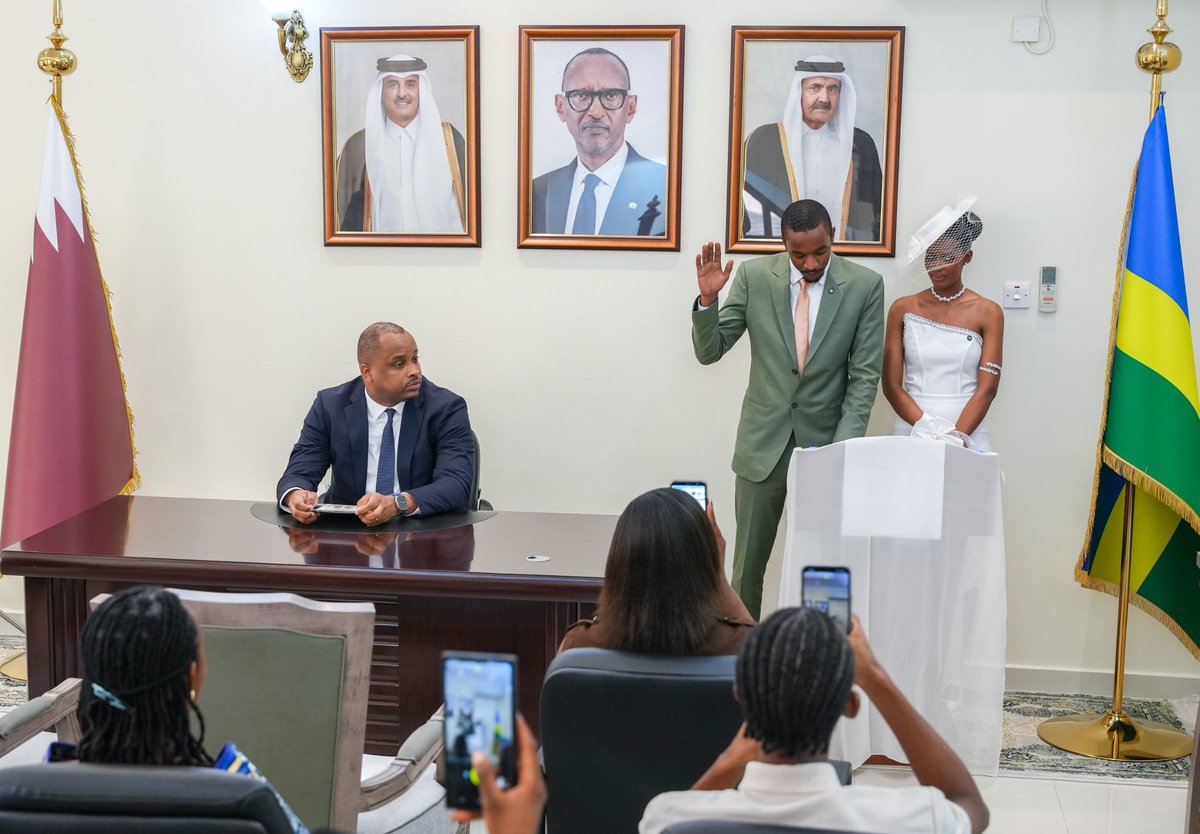 RwandainQatar's tweet photo. This week, the Embassy of Rwanda in Qatar officiated the civil marriages of two Rwandan couples residing in Qatar:

Mr. Ruberenga Isimairi and Mrs. Kayitesi Faith
Mr. Mukunzi Jean De Dieu and Mrs. Umutoni Aimée Bélise

We extend our heartfelt congratulations to the newlyweds! https://t.co/PWFCFeO9wR