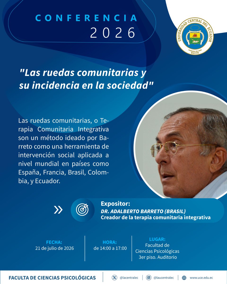 lacentralec's tweet photo. #Conferencia 
Adalberto Barreto 🇧🇷, creador de la Terapia Comunitaria Integrativa, compartirá su experiencia sobre la metodología oreintada a que fortalece las redes de apoyo, la escucha y la construcción de comunidades más resilientes. 

📅 21/ julio 2026
🕑 14:00 a 17:00 https://t.co/C0Txfk0lSQ