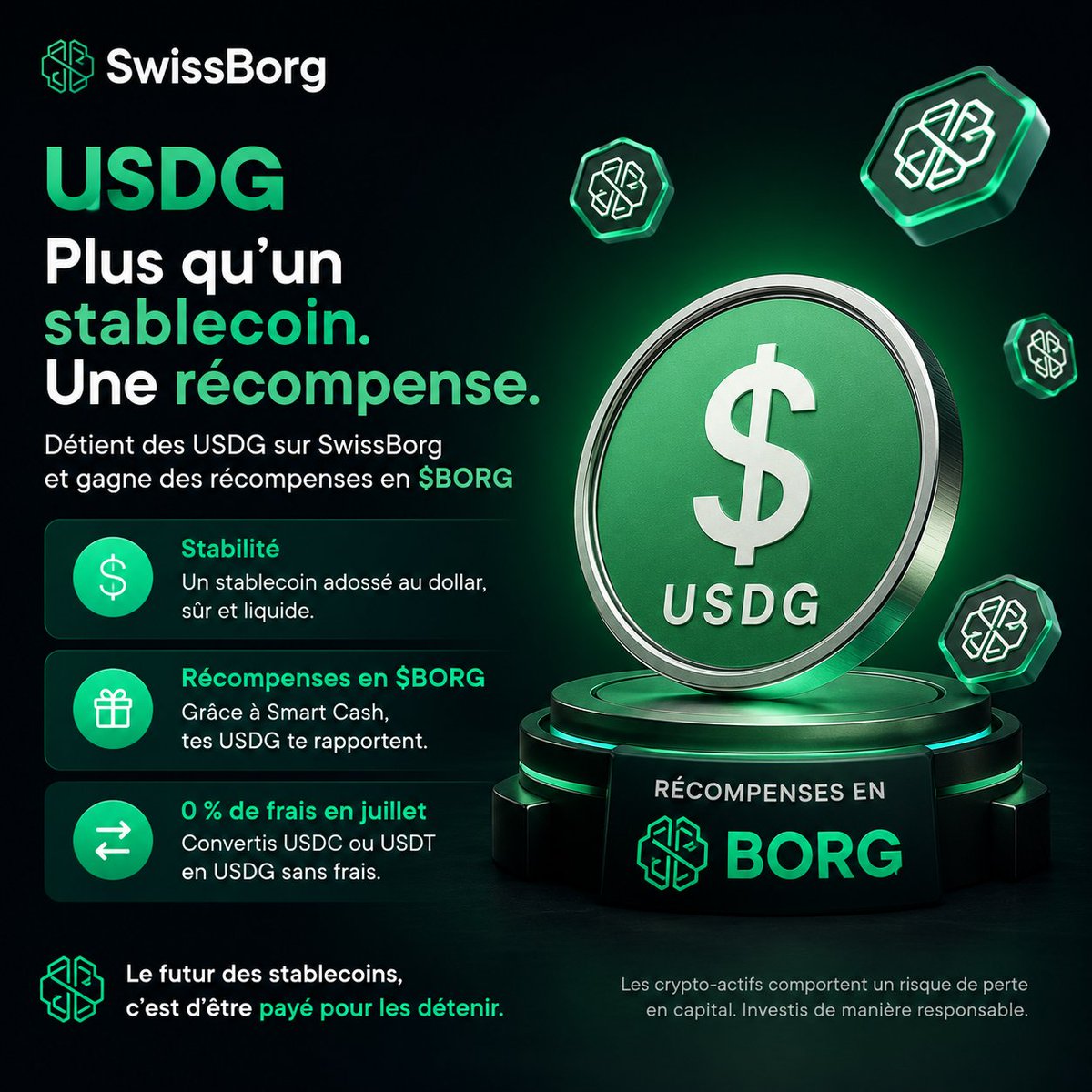 hyjazzz's tweet photo. 💵 Détenir des USDG sur @swissborg ne se limite plus à la stabilité.

✅ Garde tes dollars numériques liquides.
✅ Reçois des récompenses en $BORG grâce à Smart Cash.
✅ En juillet, conversion USDC/USDT ➜ USDG à 0 % de frais.

#SwissBorg #USDG #BORG  #WelcomeHomeToSwissBorg 🟢 https://t.co/uAEypNDfuM