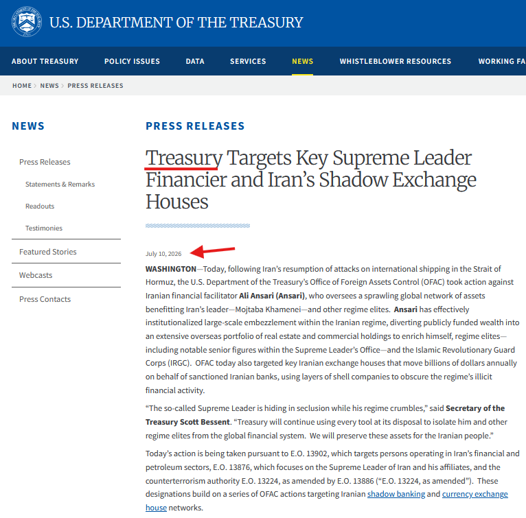 TheDebriefing17's tweet photo. 🤔TIMELINES, PATTERNS & THE US TREASURY LEADING THE WAY

Today the Treasury Secretary said this about the Supreme Leader of Iran: "He is hiding in seclusion while his regime crumbles. We will preserve these assets for the Iranian people."

Then OFAC designated his personal money manager.

Ali Ansari. Dubai-based. Ran a global empire of real estate and commercial holdings across Germany, Luxembourg, Spain, the United Kingdom, Cyprus, and the UAE — all funneled through a shell company registered in Saint Kitts. All for the benefit of the Supreme Leader's son Mojtaba Khamenei and the IRGC.

He built it by embezzling billions through Ayandeh Bank — a bank he owned — issuing himself loans backed by the Central Bank of Iran until the Iranian government itself was forced to shut it down. While ordinary Iranians watched their currency collapse and inflation destroy their savings, Ansari was buying European real estate with their money on behalf of the regime.

Same action. Three Iranian exchange houses designated. Family-run operations moving billions annually for sanctioned Iranian banks through layers of shell companies across Hong Kong and the UAE. One exchange alone held $117 million in foreign currency for sanctioned banks.

Now step back and look at the last six months.

January — Treasury sanctioned two UK-registered crypto front companies funneling money for Iran.

April — $344 million in Central Bank of Iran crypto wallets frozen.

June 2 — Four Iranian crypto exchanges sanctioned. 70% of all cryptocurrency moving through Iran shut down in one action.

June 25 — $3.84 billion in flows between those sanctioned exchanges and CoinEx illuminated on the blockchain.

June 28 — IRGC weapons procurement network sanctioned.

July 1 — 134 ISIS-K cryptocurrency wallets frozen. Tether froze every TRON wallet within hours.

July 7 — U.S. military struck 80+ Iranian targets. Full oil sanctions reimposed.

July 8 — GL X revoked. The accommodation lane that had authorized certain Iranian oil transactions closed permanently.

July 10 Today. The Supreme Leader's personal financier designated. His global real estate empire exposed. Three shadow exchange houses that moved billions for sanctioned banks designated. Shell companies in Hong Kong and the UAE named.

Nine steps. Six months. From peripheral crypto fronts to the Supreme Leader's personal money.

Each step cut a deeper artery. Each step moved closer to the center. Crypto front companies first. Then the Central Bank wallets. Then the domestic exchanges. Then the international pipeline. Then the weapons procurement. Then the terror financing. Then the military targets. Then the accommodation lane closed. And today the man who manages the Supreme Leader's personal fortune.

That's not a sanctions program. That's a siege. Financial de-scaffolding followed by kinetic strikes followed by the targeting of the innermost financial circle. Every escape route sealed before the next door gets kicked in.

And Bessent didn't say "we will freeze these assets." He said "we will preserve these assets for the Iranian people." That's not enforcement language. That's regime-change language. He's telling the Iranian people that the money their leaders stole is being held in trust for them, not for the regime.

The pipes are made of glass. The money is visible. And Treasury just followed it all the way to the Supreme Leader's front door.

I am the guy on the couch, and you have been debriefed.
@CouchGuy17 @drawandstrike @ColonelTowner