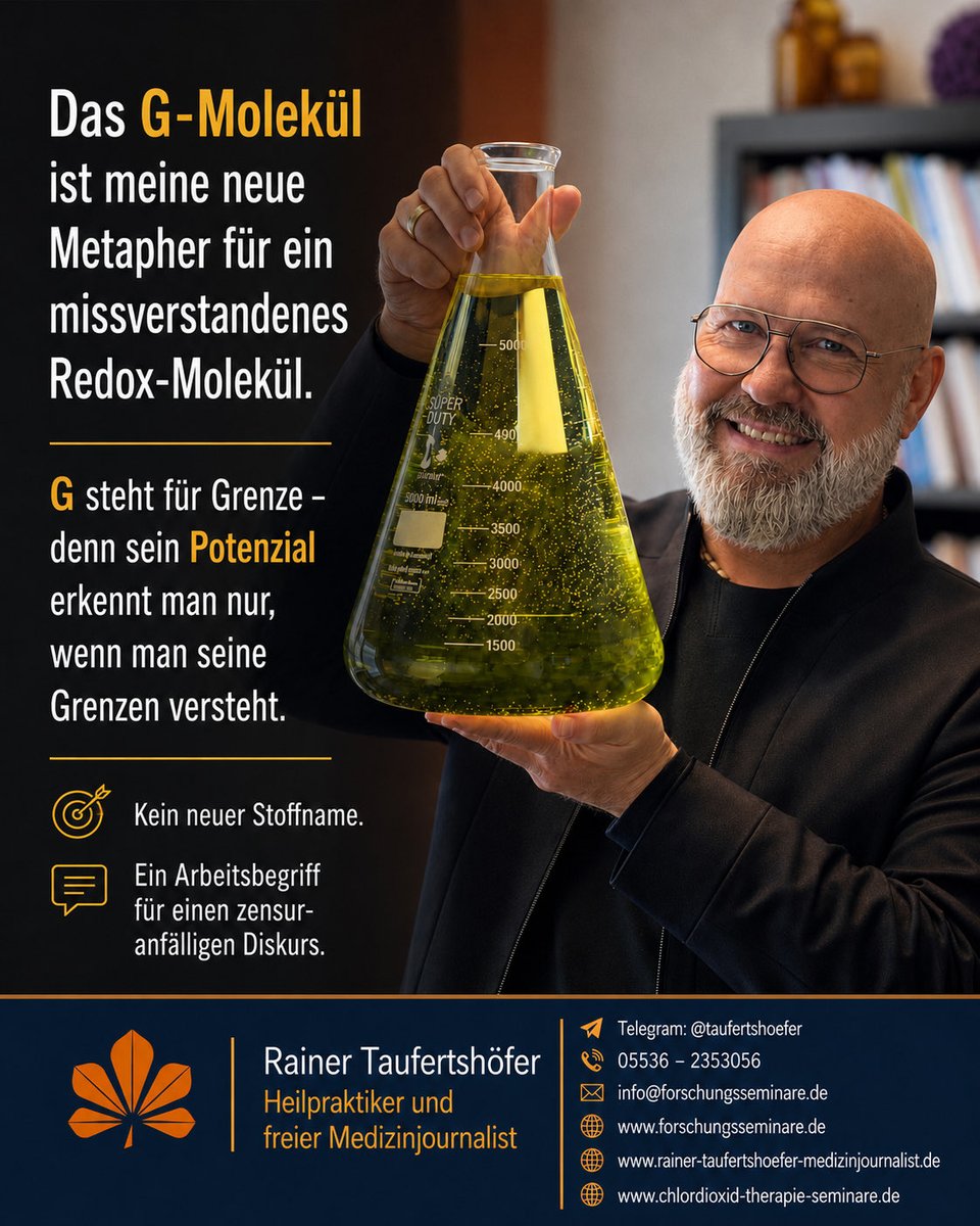 r_taufertshofer's tweet photo. Soll ich künftig vom G-Molekül sprechen?

Ich bereite gerade meine zukünftigen Kurzvideos / Shorts / Reels vor.

Dabei gibt es ein Problem: Sobald man auf vielen Plattformen offen über Chlordioxid spricht oder das Wort schreibt, wird Reichweite begrenzt, Inhalt blockiert oder der Beitrag verschwindet ganz.

Deshalb überlege ich, künftig einen Arbeitsbegriff zu verwenden:

G-Molekül

G steht für Grenze.

Gemeint ist Chlordioxid als missverstandenes Redox-Molekül.

Kein neuer Stoffname.
Kein Geheimcode.
Kein Ausweichen aus Schwäche.

Sondern ein Arbeitsbegriff für einen zensuranfälligen Diskurs.

Denn genau darum geht es in meinem Buch:
Man erkennt das Potenzial dieser Substanz nur, wenn man auch ihre Grenzen versteht.

Jetzt möchte ich eure Einschätzung.

Bitte reagiert mit:

👍 Ja
Der Begriff passt. Bitte künftig verwenden.

🤝 Ja, aber nur mit Erklärung
Der Begriff ist gut, sollte aber immer kurz erklärt werden.

🙈 Nein
Der Begriff überzeugt mich nicht.

Bitte heute keine neuen Namensvorschläge — mir geht es erst einmal darum, ob wir G-Molekül gemeinsam als Arbeitsbegriff etablieren wollen.

Wenn die Mehrheit dafür ist, werde ich mich bei meinen kommenden Kurzvideos daran orientieren.

Euer Rainer Taufertshöfer