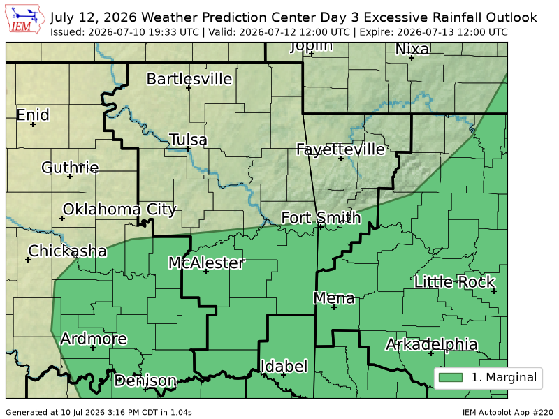 225Arkansas's tweet photo. WPC issues Day 3 Marginal Risk Excessive Rainfall Outlook at Jul 10, 19:33z for TSA https://t.co/Ucexyv72FK https://t.co/WdGJKsV142