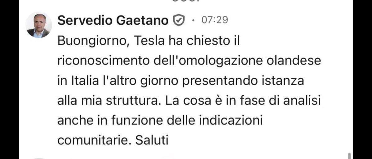 ErricoDeRosa's tweet photo. 🚨 CLAMOROSO: TESLA HA RICHIESTO IL MUTUO RICONOSCIMENTO IN ITALIA! 🇮🇹

Non è più una speranza: il Direttore Generale per la Motorizzazione ha appena confermato nero su bianco che l'istanza per il TESLA FSD è ufficialmente in fase di istruttoria al MIT.

Olanda, Belgio, Danimarca, Lituania ed Estonia lo hanno già validato. 

Ora c'è un'urgenza assoluta: 

L'ESODO ESTIVO☀️

Siamo a metà luglio. Le autostrade sono congestionate e la stanchezza al volante è letale. 

Sapere di poter attivare questo scudo di prevenzione attiva su migliaia di vetture per proteggere chi viaggia, non ha prezzo. 

L'FSD può salvare vite OGGI.

Ministro @matteosalvinimi, Direttore Servedio Gaetano, Pres. @GiorgiaMeloni, @mitgov_it, On. @PastorellaGiu: il dossier è sulla vostra scrivania. 

Anticipiamo l'Europa e facciamo la differenza. Sblocchiamo questa tecnologia subito per un'estate più sicura!

Approviamolo SUBITO per garantire vacanze sicure agli italiani! 🚗

La sicurezza stradale non può aspettare l'Europa. 💪🏻

@Tesla @elonmusk @tullio_ferrante @AntonioIannone @teslaeurope @tesla_italia @MirkoMontagna0 
#TeslaFSD #SicurezzaStradale #EsodoEstivo #FSDItalia #MITInnoviamo #FSDItaly #FSDSupervised #GuidaAutonoma
#FSD #Innovazione https://t.co/H9r9wUMOdk