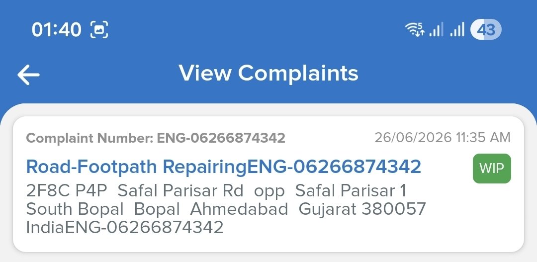 hookensallen's tweet photo. @AmdavadAMC @InfoGujarat @infoahdgog @MyGovGujarati @GUDMGujaratGov @PMOIndia @CMOGuj @DDNewslive @DDNewsGujarati @PIBAhmedabad @HiteshBarotBJP @amcjodhpurward Complain from 26.6.2025 ....today is 11.7.26 ...and still nothing done AMC .. children elder person every week fall and trip ...are younwaiting for an accident to happen ?? 15 days ...still nothing AMC Seva whats the use of this App.. https://t.co/X8Ez7ADvEB