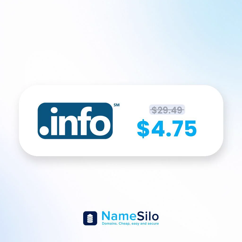 .INFO TLD price card: $4.75 first year, was $29.49.