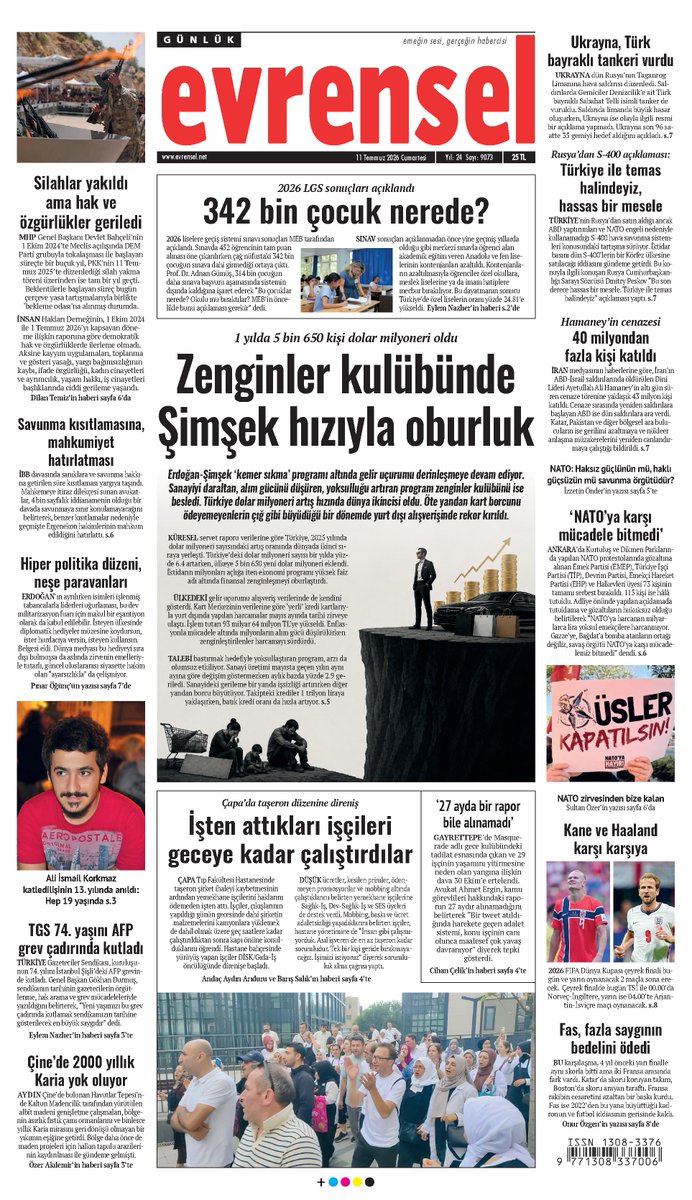 evrenselgzt's tweet photo. 🗞️ 1 yılda 5 bin 650 kişi dolar milyoneri oldu

Zenginler kulübünde Şimşek hızıyla oburluk

Erdoğan-Şimşek ‘kemer sıkma’ programı altında gelir uçurumu derinleşmeye devam ediyor. Sanayiyi daraltan, alım gücünü düşüren, yoksulluğu artıran program zenginler kulübünü ise besledi. Türkiye dolar milyoneri artış hızında dünya ikincisi oldu. Öte yandan kart borcunu ödeyemeyenlerin çığ gibi büyüdüğü bir dönemde yurt dışı alışverişinde rekor kırıldı.

📌 Evrensel yarın bayilerde