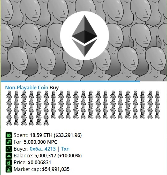 FlashVisionPT's tweet photo. $NPC [BIG BUY]  🔥🚩🚨🚩🚨🚩🔥

 5M $NPC's   

33.2k$

 Equivalent to 18.5 $ETH 

@NonPlayableCoin https://t.co/bPhihjlrVD