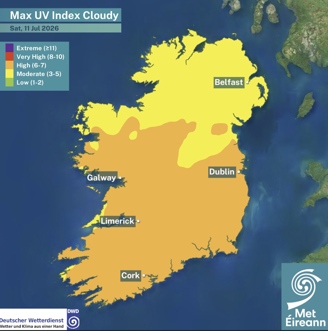 MetEireann's tweet photo. #UV Index for Saturday 11/07/2026 📇

#BeSunSmart ❗️Protect your skin and eyes from ultraviolet radiation from the sun🧴😎🧢👒

🟡/🟠Moderate in places but mostly High under cloudy conditions☁️
🟠High under clear sky☀️

ℹ️https://t.co/sbFTHg1P07 https://t.co/H0jTn454EM