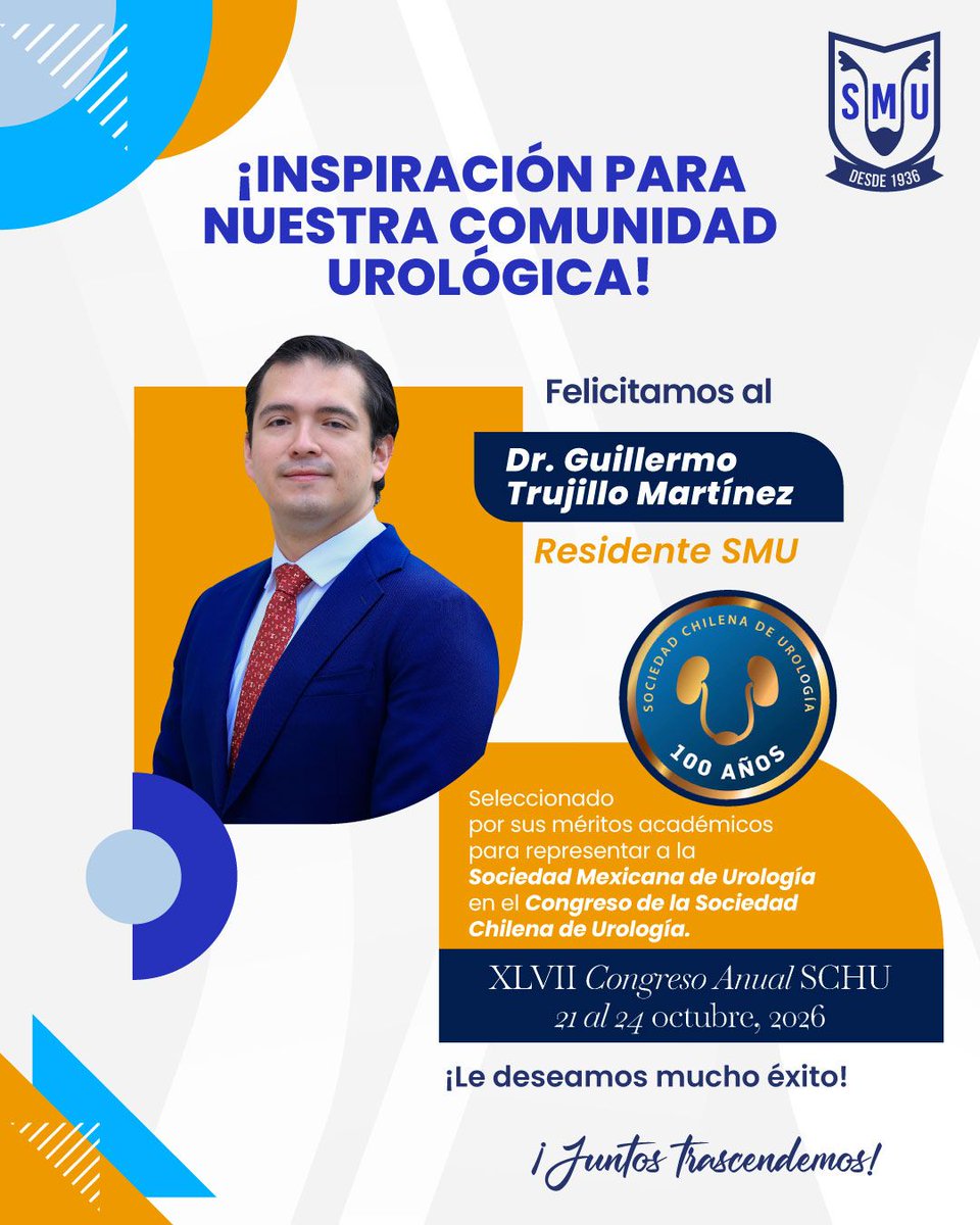 Residentes_SMU's tweet photo. Nos llena de orgullo anunciar que el Dr. Guillermo Trujillo Martínez, Residente SMU, ha sido seleccionado para representar a la Sociedad Mexicana de Urología en el Congreso de la Sociedad Chilena de Urología (@Urolchi), que se llevará a cabo del 21 al 24 de octubre en Valdivia, Chile.🇲🇽🙌🇨🇱

Esta distinción reconoce su sobresaliente trayectoria académica, su compromiso con las actividades de la SMU y el destacado desempeño demostrado en el concurso EUREP, reflejando los valores que impulsan el desarrollo de las nuevas generaciones de urólogos.

¡Felicitamos al Dr. Trujillo por este importante logro y le deseamos el mayor de los éxitos en esta experiencia internacional!🙌✨
#SMU26 #JuntosTrascendemos #ResidentesSMU #CongresoSCHU2026 #Urología