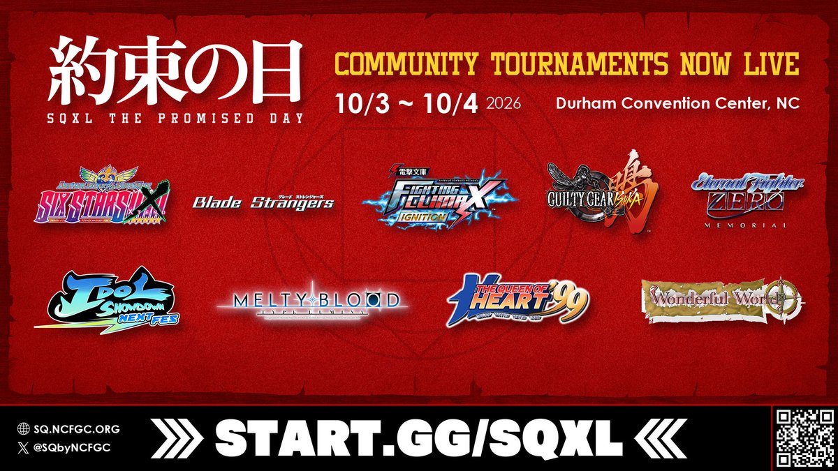 SQbyNCFGC's tweet photo. Presenting the Community Tournaments at #SQXL2026!

Registration is now live for 9 more tournaments brought to you by our community's practitioners of obscure tournament organization arts. Which one are you there for no matter what? https://t.co/v9kzqs5nRa