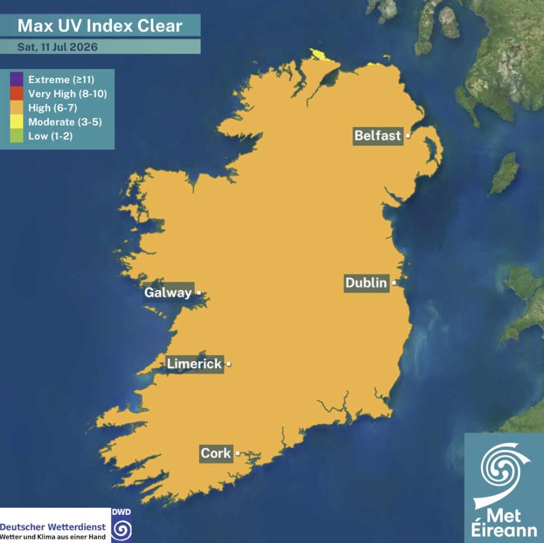 MetEireann's tweet photo. #UV Index for Saturday 11/07/2026 📇

#BeSunSmart ❗️Protect your skin and eyes from ultraviolet radiation from the sun🧴😎🧢👒

🟡/🟠Moderate in places but mostly High under cloudy conditions☁️
🟠High under clear sky☀️

ℹ️https://t.co/sbFTHg1P07 https://t.co/H0jTn454EM