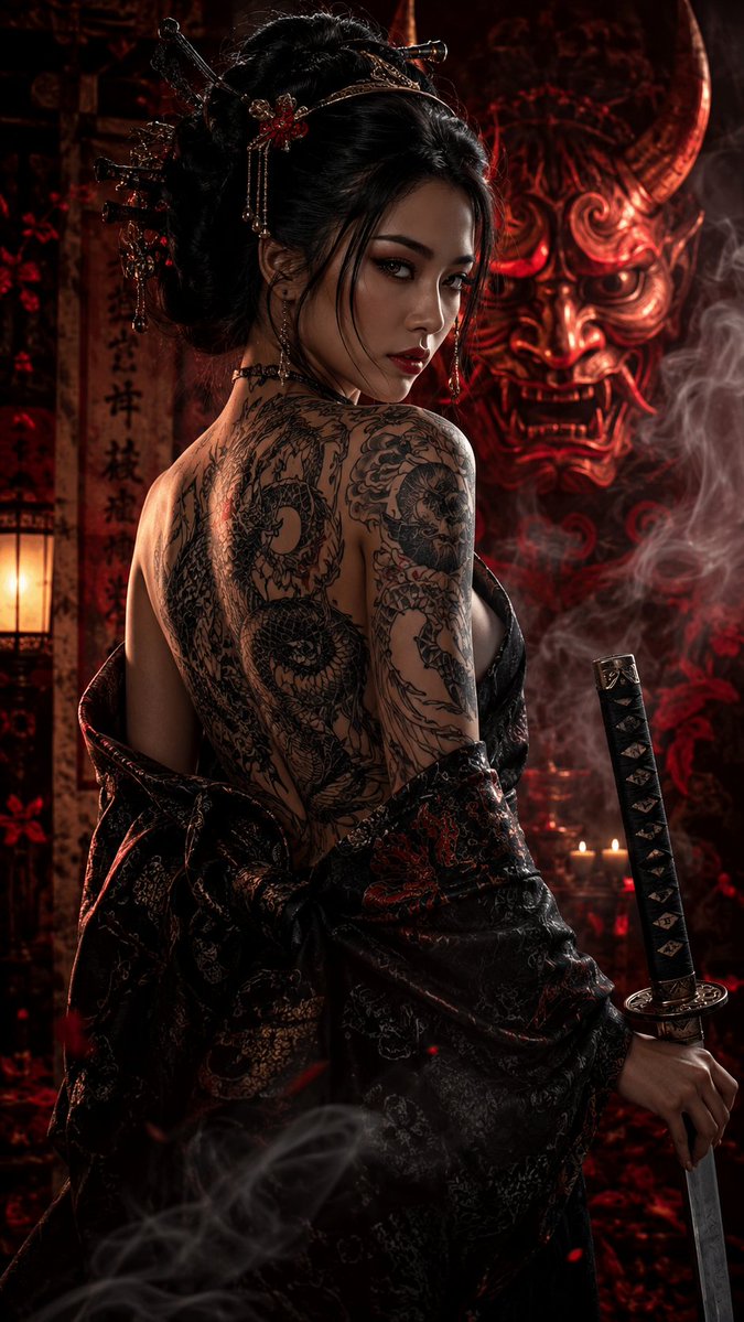 sophiasworld_17's tweet photo. Beneath the crimson glow of the Oni, she waits among smoke, ancient shadows, and dragons guarding her skin. ๐น๐โ๏ธ Katana in hand, her gaze calm and relentlessโcome too close, and you'll meet the blade first. ๐ค๐ฅ
#SamuraiWoman #OniMask #DragonTattoo #Katana https://t.co/oJAvlMXQ8b
