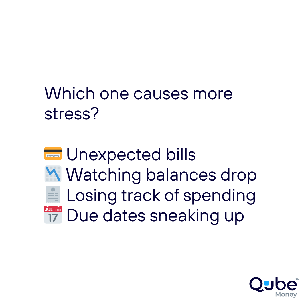 qubemoney's tweet photo. Money stress shows up in different ways for different people. Which one tends to bother you most?

 #QubeMoney #Money #Savings #BudgetFriendly #FinancialWellness https://t.co/QTE3KbH7Gd