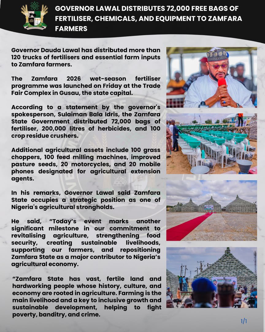 GHouseMediaHub's tweet photo. GOVERNOR LAWAL DISTRIBUTES 72,000
FREE BAGS OF FERTILISER, CHEMICALS, AND EQUIPMENT TO ZAMFARA FARMERS https://t.co/peBEhNvBTQ