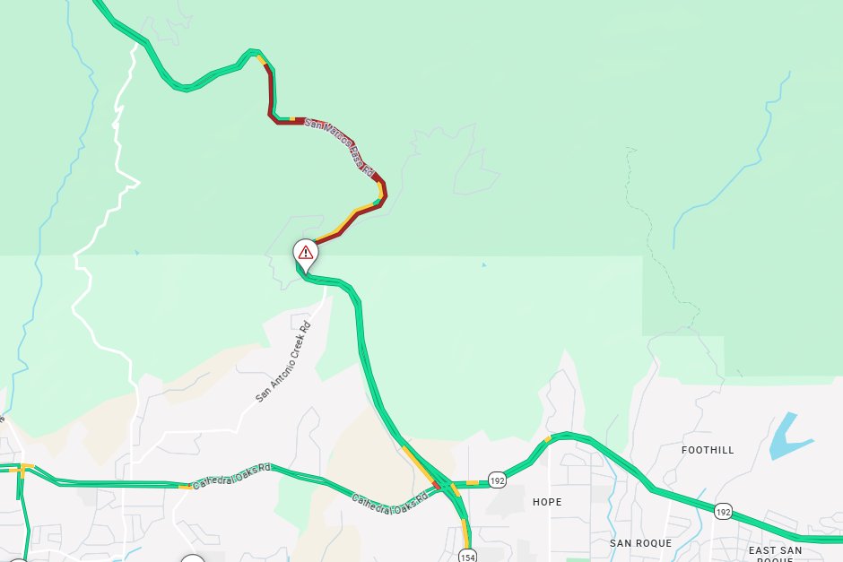 CaltransD5's tweet photo. Both lanes of Hwy 154 in Santa Barbara County are blocked due to a head-on traffic collision. The crash happened just north of San Antonio Creek Rd. Travelers should expect delays and be alert for emergency response vehicles in the area. Take alternate routes if possible. https://t.co/nLAIBSR3Dy