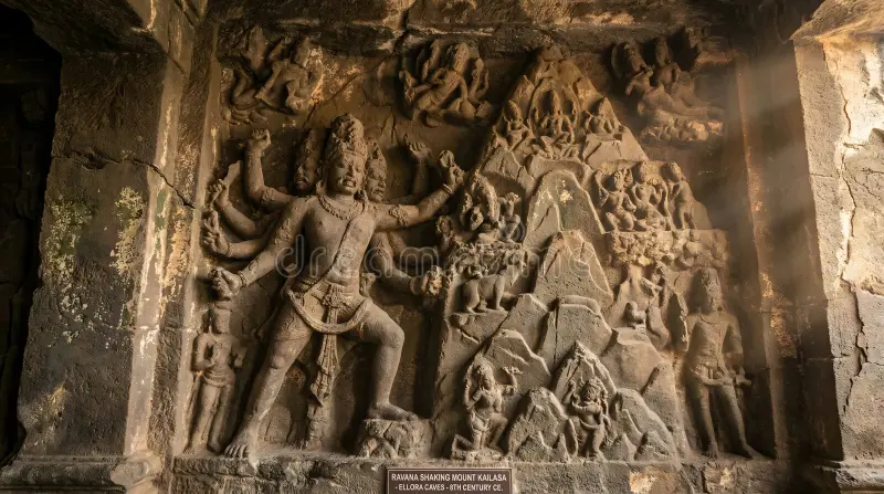 hindu_just's tweet photo. Every surface tells our Itihasa: Ravana lifting Kailash (subdued by Shiva’s toe), Ramayana & Mahabharata panels with local twists, Nataraja, and cosmic order restored.
Even Aurangzeb’s army failed to destroy it after years of trying. The living rock endures.
This is Sanatana resilience. 
#ShivaTemple #BharatPride