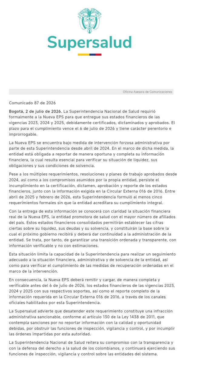MYB29516746's tweet photo. @revisionycont12 @PalomaValenciaL Estado les clavó un ultimátum perentorio hasta el 6 de julio de 2026 para soltar los libros contables.
Llevaban cinco requerimientos formales incumplidos entre 2025 y 2026. Estaban sentados sobre los balances sin certificar las deudas¿Qué era lo que tanto miedo les daba reportar? https://t.co/9465NT04uc