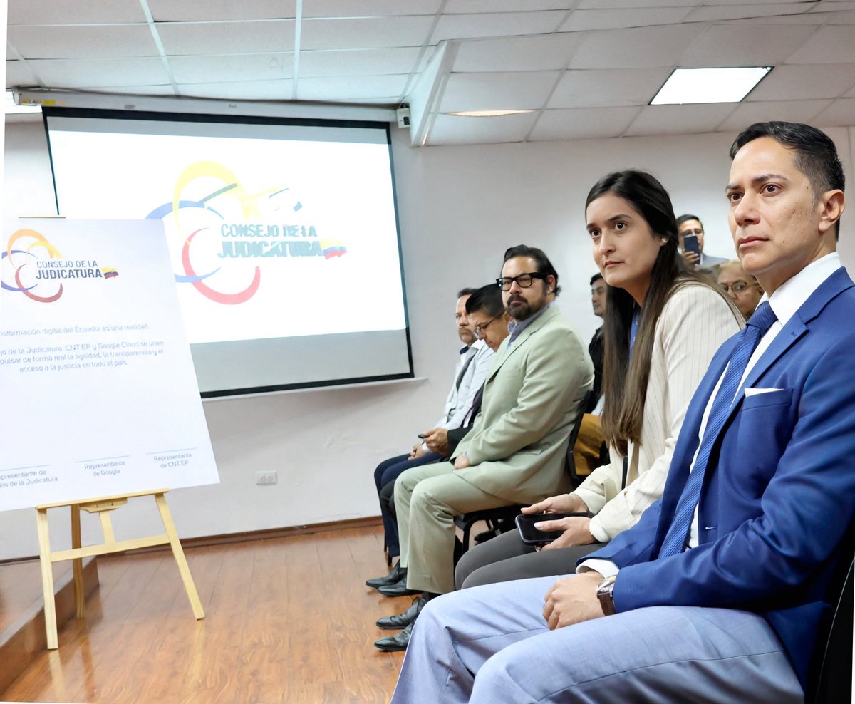 CJudicaturaEc's tweet photo. La presidenta del @CJudicaturaEc, Mercedes Caicedo Aldaz (@mechascaicedo), Ronald Spina, Gerente General de @CNT_EC, y Raúl Rodríguez, representante de @googlecloud realizaron la firma simbólica del convenio.

En el evento estuvo presente el vocal Alfredo Cuadros Añazco (@_AlfredoCuadros) y directores nacionales de la institución. 🧵
