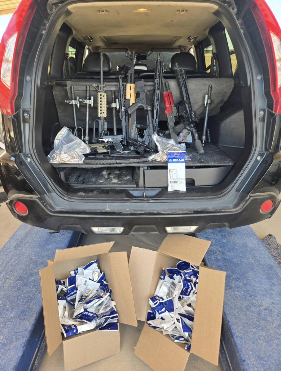 AliBradleyTV's tweet photo. #EXCLUSIVE @CBP officers in Presidio, Texas seized multiple firearms—including machine gun barrels—before they could be smuggled into Mexico.

During a southbound inspection at the Presidio Port of Entry on July 8th, U.S. Customs and Border Protection officers uncovered 6 rifles, 2 handguns, 180 magazines, 500 rounds of ammunition, and firearm components, including machine gun barrels for the M249 light machine gun, hidden inside a 2013 Nissan X-Trail headed for Mexico.

CBP says non-intrusive inspection technology detected anomalies in the vehicle, leading officers to hidden compartments containing the weapons and ammunition.

The driver, a Mexican citizen and lawful U.S. permanent resident, was arrested and charged with smuggling goods and firearms trafficking.

The seizure comes as CBP sources say the area across the border in Ojinaga, Chihuahua, remains the site of a violent turf war between La Línea and factions of the Sinaloa Cartel, as both organizations compete for control of the strategically important Ojinaga smuggling plaza. The rivalry has fueled years of violence in the region, making southbound weapons interdictions a key part of disrupting cartel operations.

Ray Provencio, Director of the El Paso Field Office saying, “This seizure demonstrates CBP’s commitment to preventing firearms and ammunition from illegally entering Mexico and arming dangerous criminal organizations… Our southbound inspection teams search for firearms, ammunition, and currency from illicit criminal activities to prevent this contraband from arming and financing the Mexican Drug cartels. And by doing so we assist our Government of Mexico law enforcement partners as we work to make our shared border region safer.”