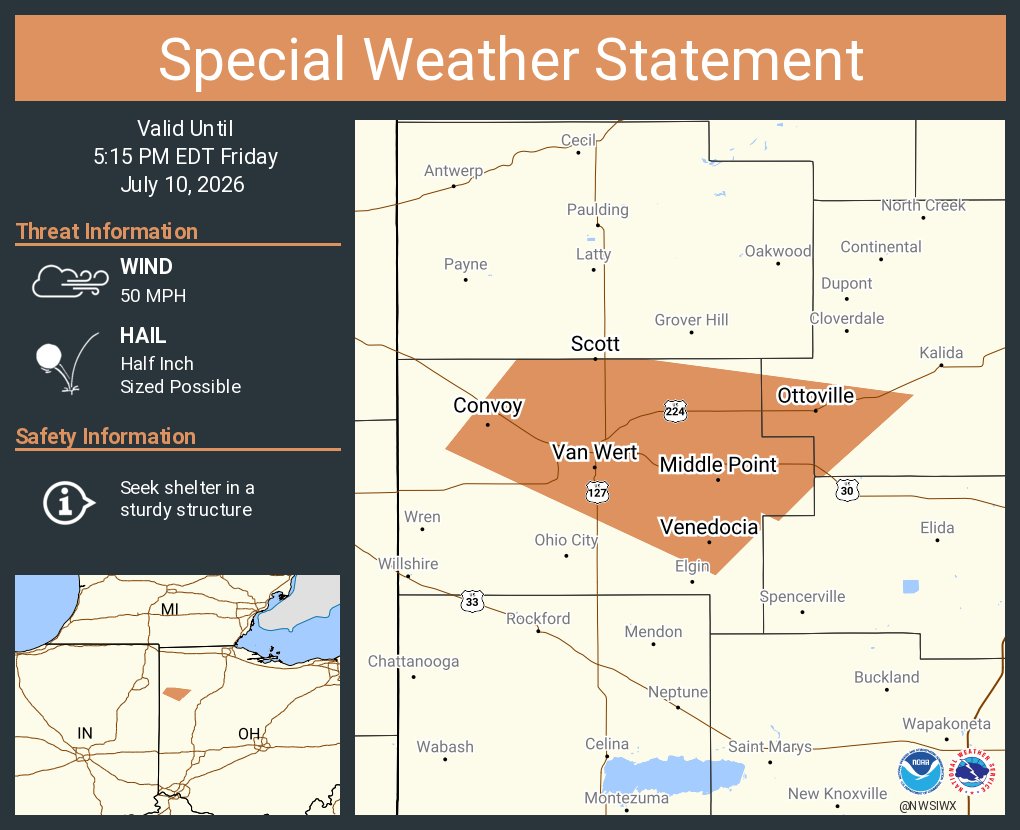 NWSIWX's tweet photo. A special weather statement has been issued for Van Wert OH, Convoy OH and  Ottoville OH until 5:15 PM EDT https://t.co/JunSC008MS