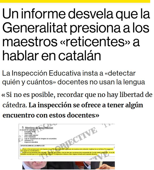 CCivicaCatalana's tweet photo. Se filtra un informe del gobierno catalán donde se busca identificar a los maestros que no hablan la lengua del régimen, se les recuerda que no tienen libertad lingüística y a quienes se oponen se ofrece "un encuentro con la Alta Inspección"

Estos son los que se quejan de Franco https://t.co/meEqmHGVpn
