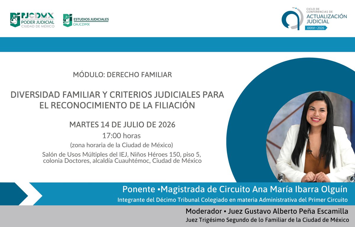 PJCDMX's tweet photo. 📚 El #PJCDMX te invita a la conferencia “Diversidad familiar y criterios judiciales para el reconocimiento de la filiación”, del Módulo Derecho Familiar.

📅 14 de julio | 17:00 h

#CulturaJurídica #DerechoFamiliar https://t.co/5YfK61VYBf