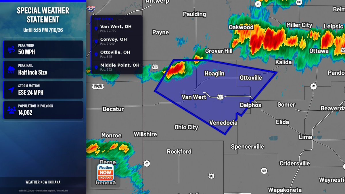 wxnowIndiana's tweet photo. A Special Weather Statement has been issued for Putnam, Van Wert until 5:15 PM 7/10/26 | Hail: 0.5 inches | Wind: 50 MPH https://t.co/QhWfSTr7zr