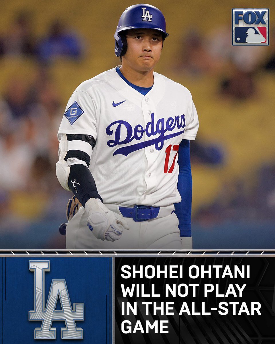 30R9gmaMUy3guDJ's tweet photo. 大谷翔平、オールスター出場辞退へ

左膝の違和感が続いているため、本日予定されていたダイヤモンドバックス戦での先発登板も回避することになりました。

📷@MLBONFOX 
#大谷翔平 #ドジャース https://t.co/uBvWzvMyDu