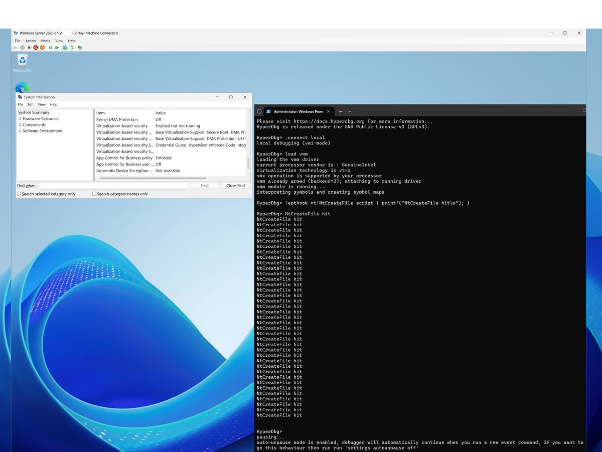 gerhart_x's tweet photo. HyperDbg !epthook command can be used inside Hyper-V Windows Server 2025 VM.
(Testing patches)