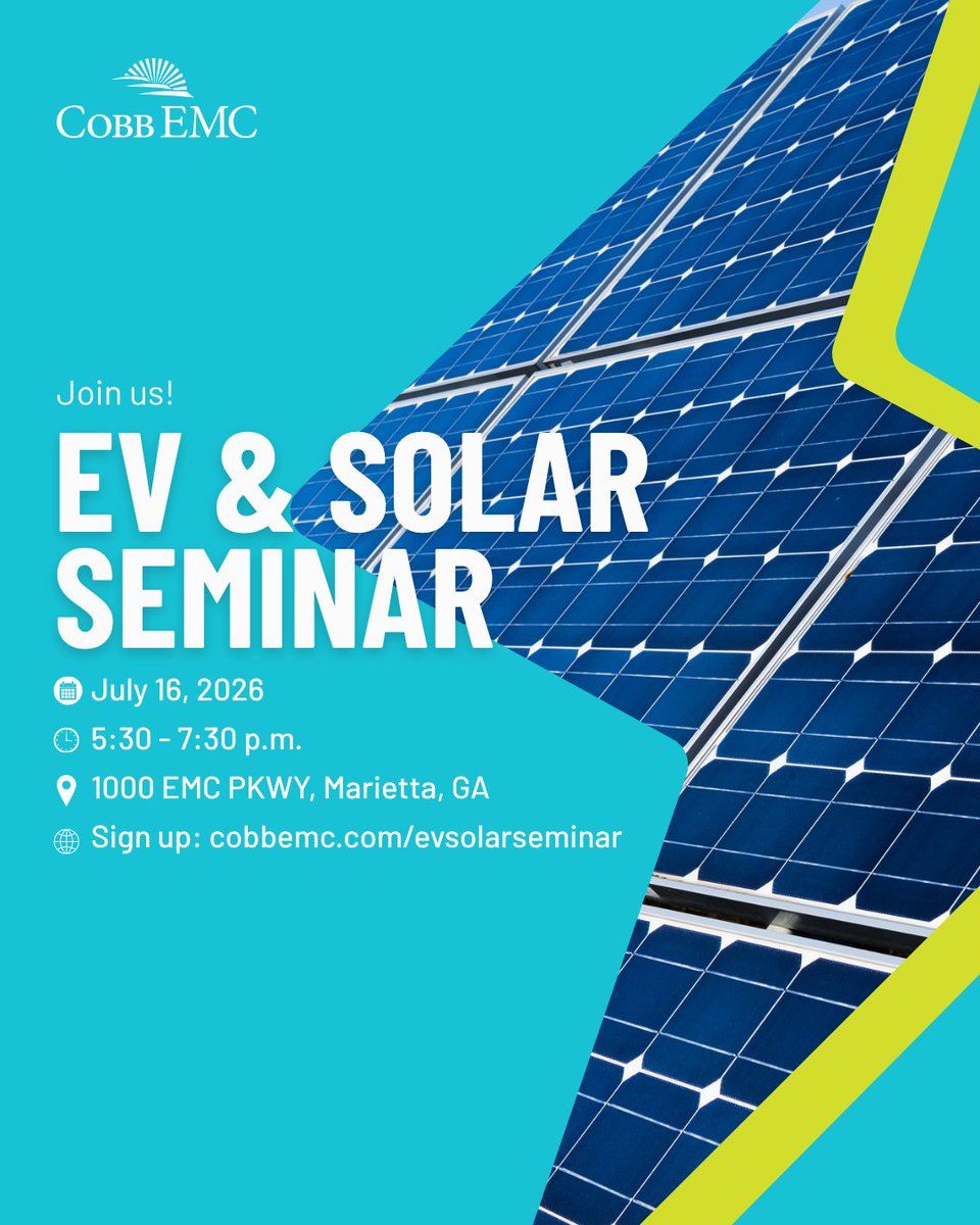 cobbemc's tweet photo. Curious about electric vehicles or solar? Join us on July 16 at Cobb EMC for a free EV and Solar Seminar. ⚡☀️  From 5:30 - 6 p.m., enjoy a light dinner, check out our EV fleet and explore a solar demonstration before the program begins at 6 p.m.

You'll learn about EV basics, charging options, solar energy and battery storage, with plenty of opportunities to ask questions along the way.
Reserve your spot today! https://t.co/8bXOKvEewK