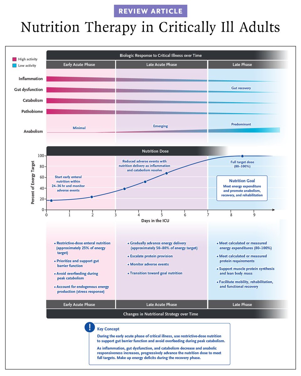 NEJM's tweet photo. New in this week's issue of NEJM: Jayshil J. Patel, MD, and Stephen A. McClave, MD, review nutrition therapy in critically ill adults. 

Nutrition therapy, the provision and monitoring of enteral and parenteral nutrition, is essential for critically ill adults who are unable to maintain volitional intake during both the acute and late phases of illness. 

In the acute phase of critical illness, adults have severe catabolism, inflammation, muscle loss, and gut dysfunction, all of which shape nutritional requirements. Early enteral nutrition supports gut integrity and microbiome health, but trials have shown that early short-term parenteral nutrition is a safe alternative when enteral feeding is not possible. Large trials have shown that early full-dose energy delivery offers no benefit over restrictive dosing and may increase gastrointestinal and metabolic complications, findings that support a restrictive nutrition strategy, especially in patients who have circulatory shock or are at risk for refeeding syndrome. Similarly, large trials have shown no advantage of high-dose over standard-dose protein and suggest harm in patients with acute kidney injury. Because adverse events are common with enteral nutrition, safe nutrition delivery requires gradual advancement, strategies for prevention of refeeding syndrome, glycemic control, and avoidance of routine gastric residual volume monitoring. Patient heterogeneity underscores the need for precise, biomarker-guided, phase-specific nutrition to preserve lean muscle mass and improve recovery. 

Read the full review: https://t.co/8W5uAgxrl4

#Endocrinology