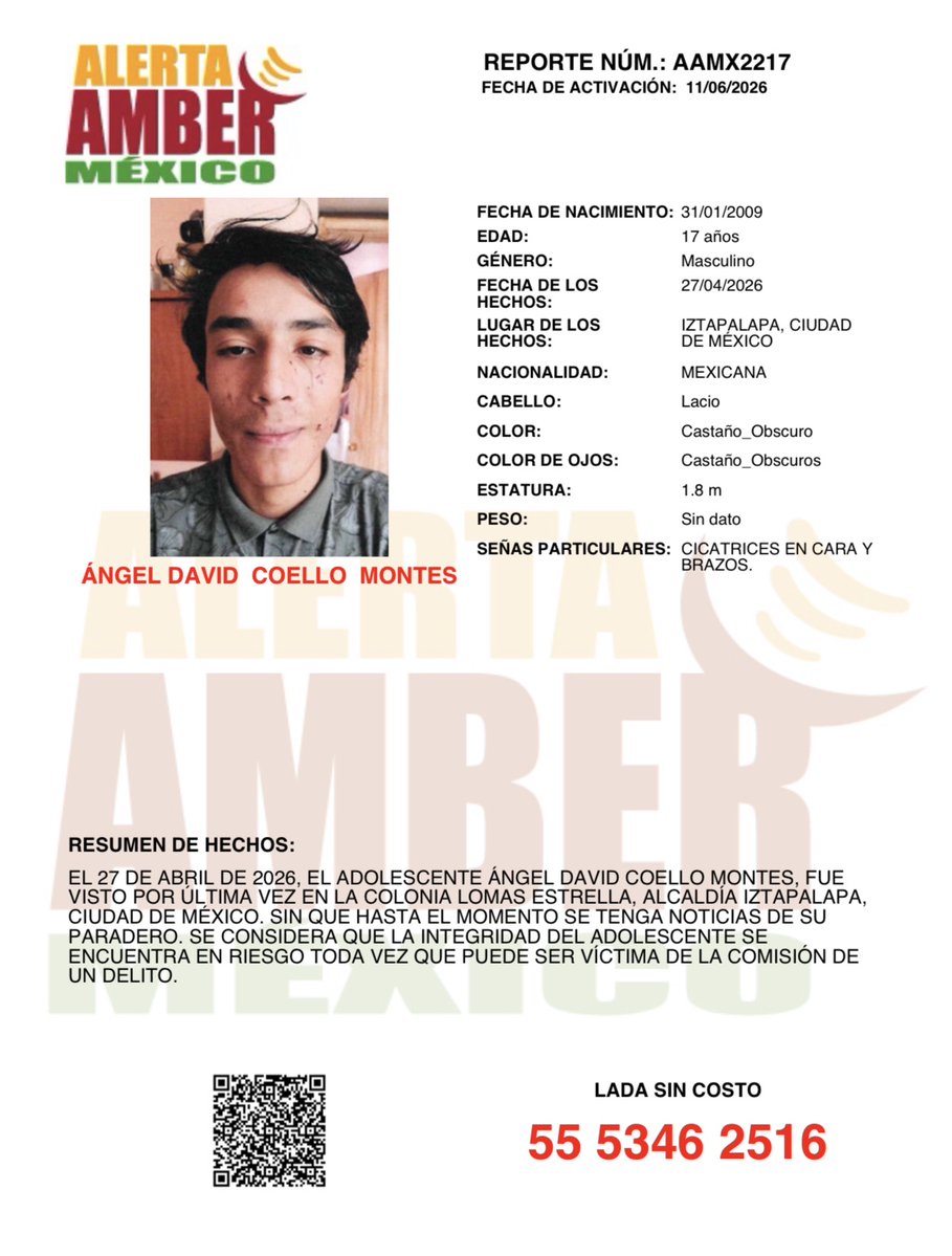 DIFCDMX's tweet photo. #ATENCIÓN⚠️| Se activa #AlertaAmber para localizar a ÁNGEL DAVID COELLO MONTES, de 17 años de edad, visto por última vez en IZTAPALAPA, CIUDAD DE MÉXICO.
⭕️Si tienes datos que ayuden a dar con su paradero, comunícate al 55 5346 2516 ☎️ https://t.co/iWyBG1ejrJ
