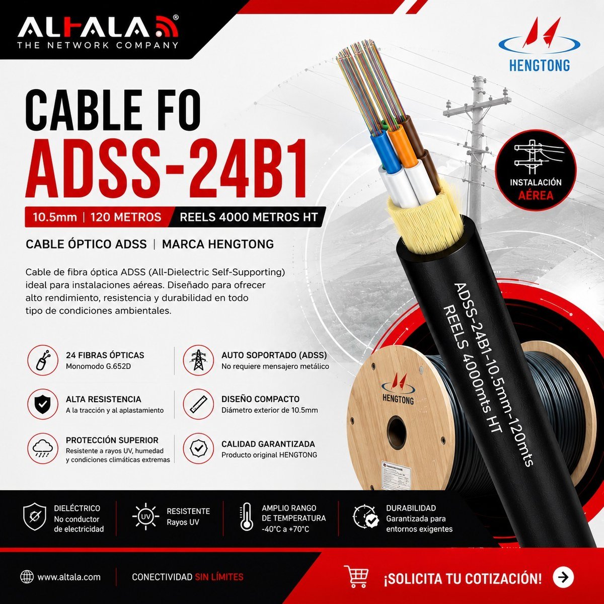Altalasa's tweet photo. Conecta con confianza. 🌐

🌐 Conecta con confianza con el Cable FO ADSS-24B1 HENGTONG.
Diseño autosoportado, alta resistencia y máximo rendimiento para instalaciones aéreas. ⚡
📩 Solicita tu cotización con ALTALA.
#ALTALA #HENGTONG #FibraÓptica #ADSS #Telecomunicaciones https://t.co/SKvUtRRatq